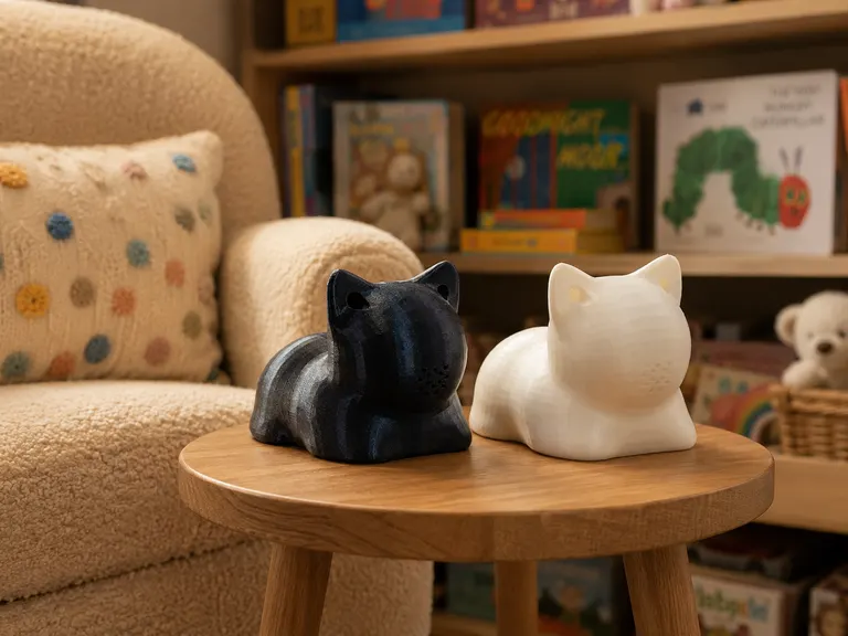 Mesegép: two cat-shaped audio storytellers in a child’s room